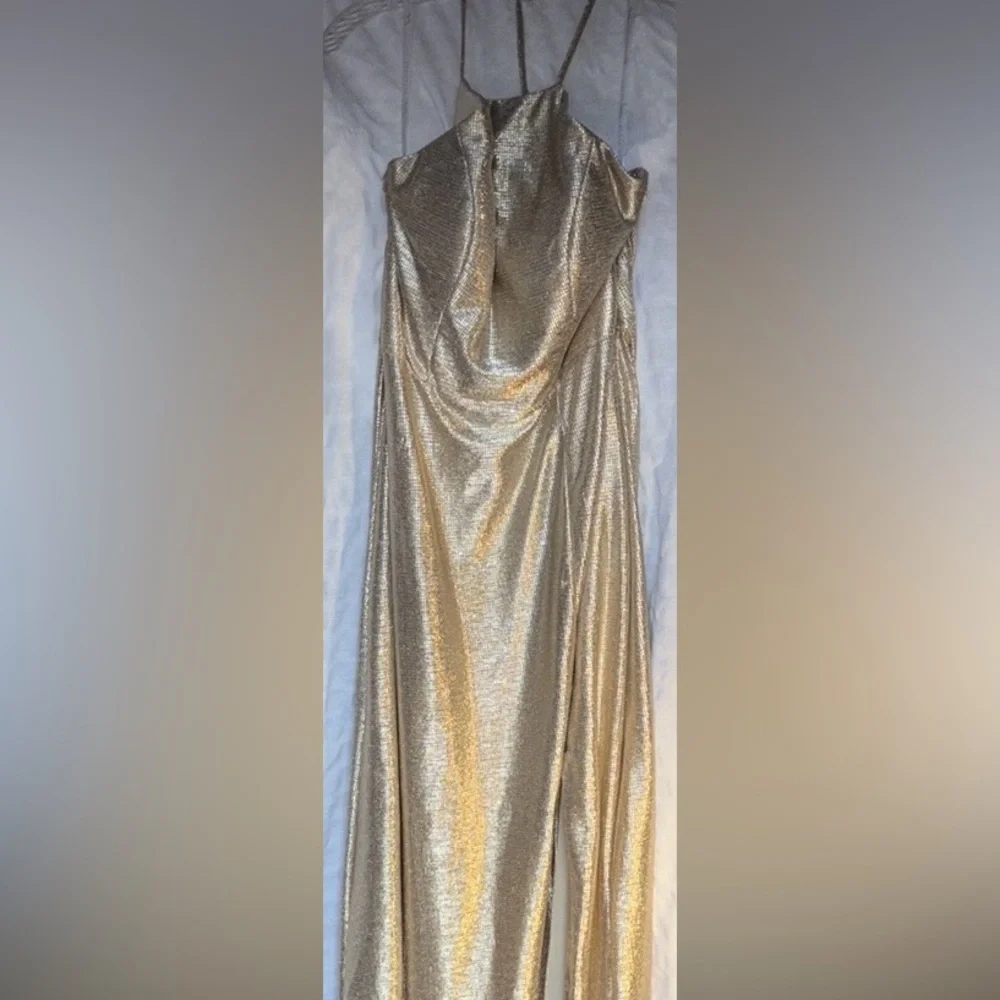 Hayley Paige Occasions Shimmering Gold Maxi Dress - Picture 4 of 8